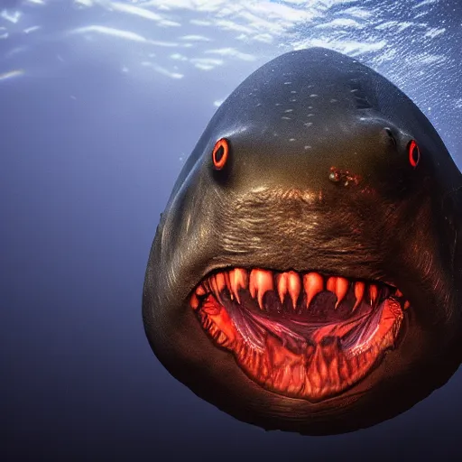 Prompt: scary and herbivorous deepsea blob shark, Deviljho, National Geographic, 8k, black background