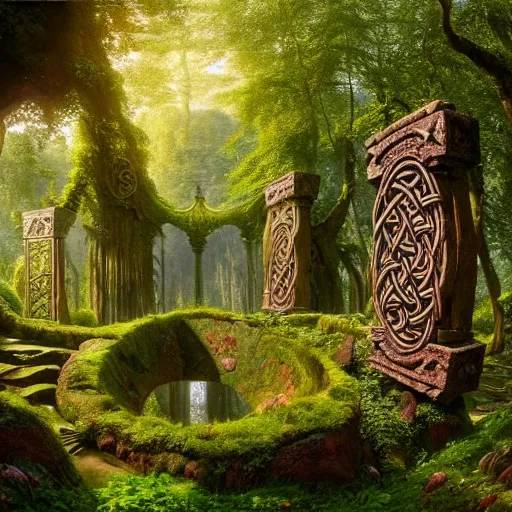 Image similar to a beautiful and highly detailed matte painting of a lush garden in a beautiful forest, carved celtic stone runes, psychedelic colors, intricate details, epic scale, insanely complex, hyperdetailed, artstation, cgsociety, 8 k, sharp focus, hyperrealism, by caspar friedrich, albert bierstadt, james gurney, brian froud,