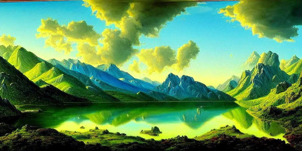 Image similar to a beautiful landscape, sun rises between two mountains, a lake in between the mountains, green, lush vegetation, blue sky, cloudy, painting by john stephans, extremely detailed, hyper realism