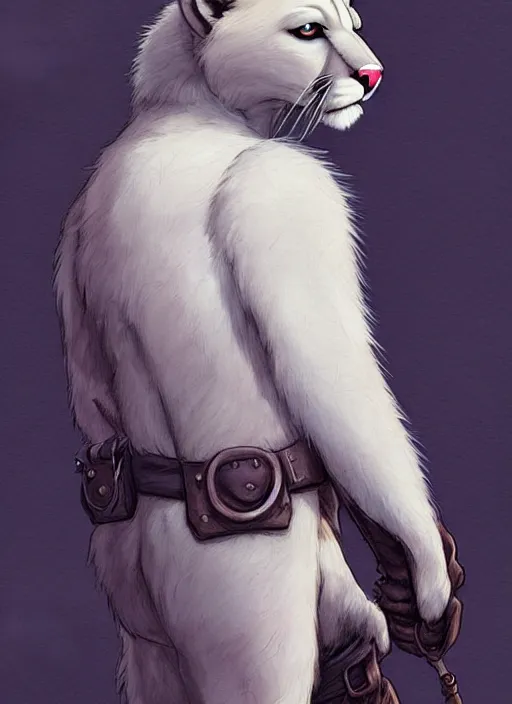 Image similar to beautiful portrait commission of a male furry anthro albino mountain lion wearing year 1915 miner's clothes. Atmospheric. Character design by charlie bowater, ross tran, artgerm, and makoto shinkai, detailed, inked, western comic book art