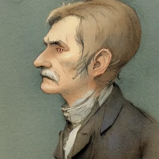 Prompt: portrait of a character standing and facing front looking strait ahead with a muted color watercolor sketch of story book character ifrom the book Baltimore & Redingote by Jean-Baptiste Monge of an old man in the style of by Jean-Baptiste Monge that looks like its by Jean-Baptiste Monge and refencing Jean-Baptiste Monge