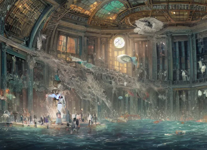 Prompt: A bustling beautiful city on the sea floor inside a glass dome with valentine's day decarations during valentine's day, anime, fountain, statue, underwater, rapture, fish flying over head, godrays, a fantasy digital painting by Greg Rutkowski and James Gurney, trending on Artstation, highly detailed
