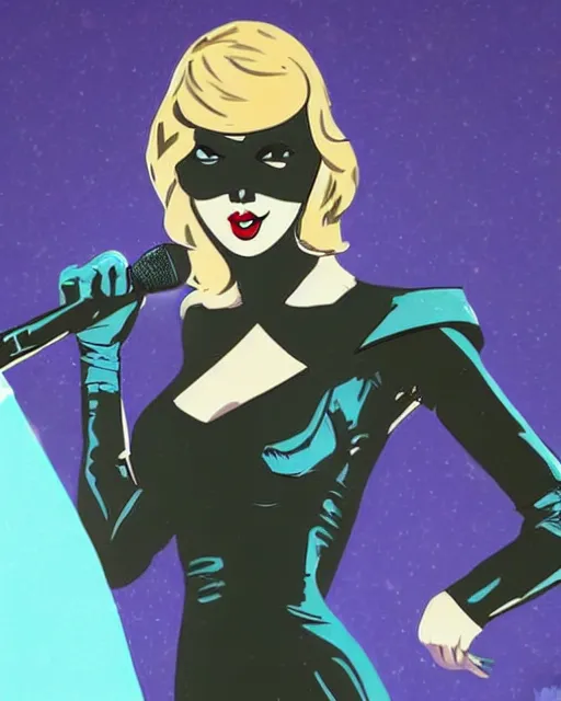 Image similar to taylor swift as a super hero similar to seraphine from league of legends with a microphone in her hand as her weapon drawn in a 1 9 5 0 s cartoon on a saturday morning style, hugh quality, very well proportioned silhouette, contemporary art