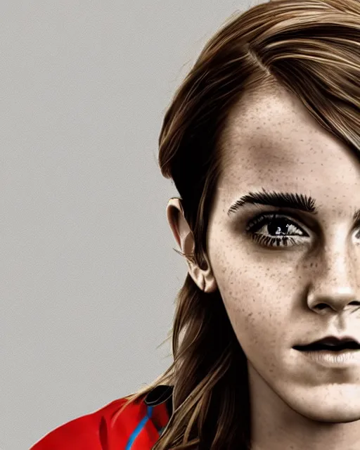 Image similar to a portrait of emma watson wearing lokomotiv football shirt, hyper realistic