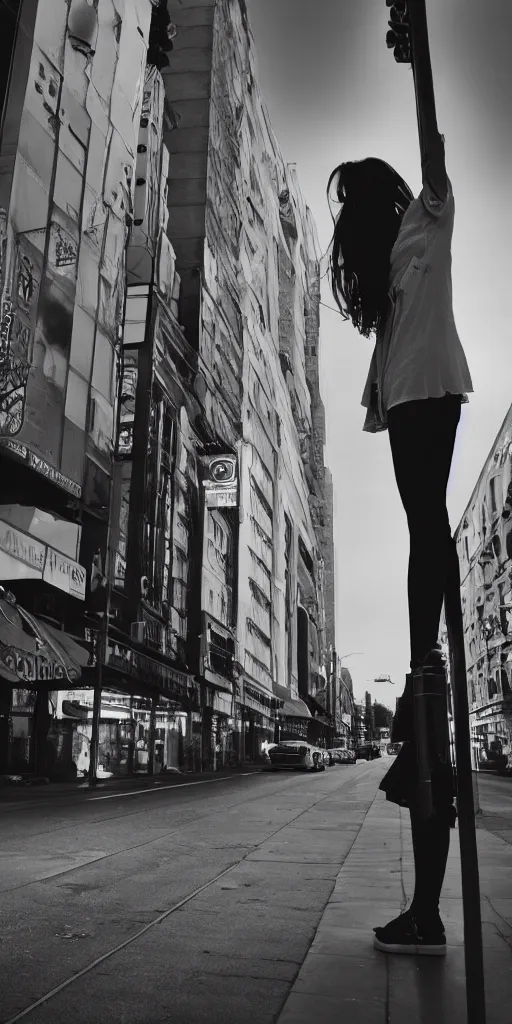 Prompt: a girl stands alone on a sidewalk, she is looking at a white billboard, hyper realism, rack focus, close establishing shot, empty street, neon lights illuminate her face, monochromatic, soft dramatic lighting, 4 k digital camera