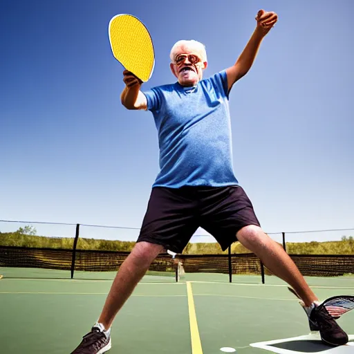 Prompt: an old man white hair and circular glasses holding a pickleball paddle and jumping high in the air, 4 k photograph