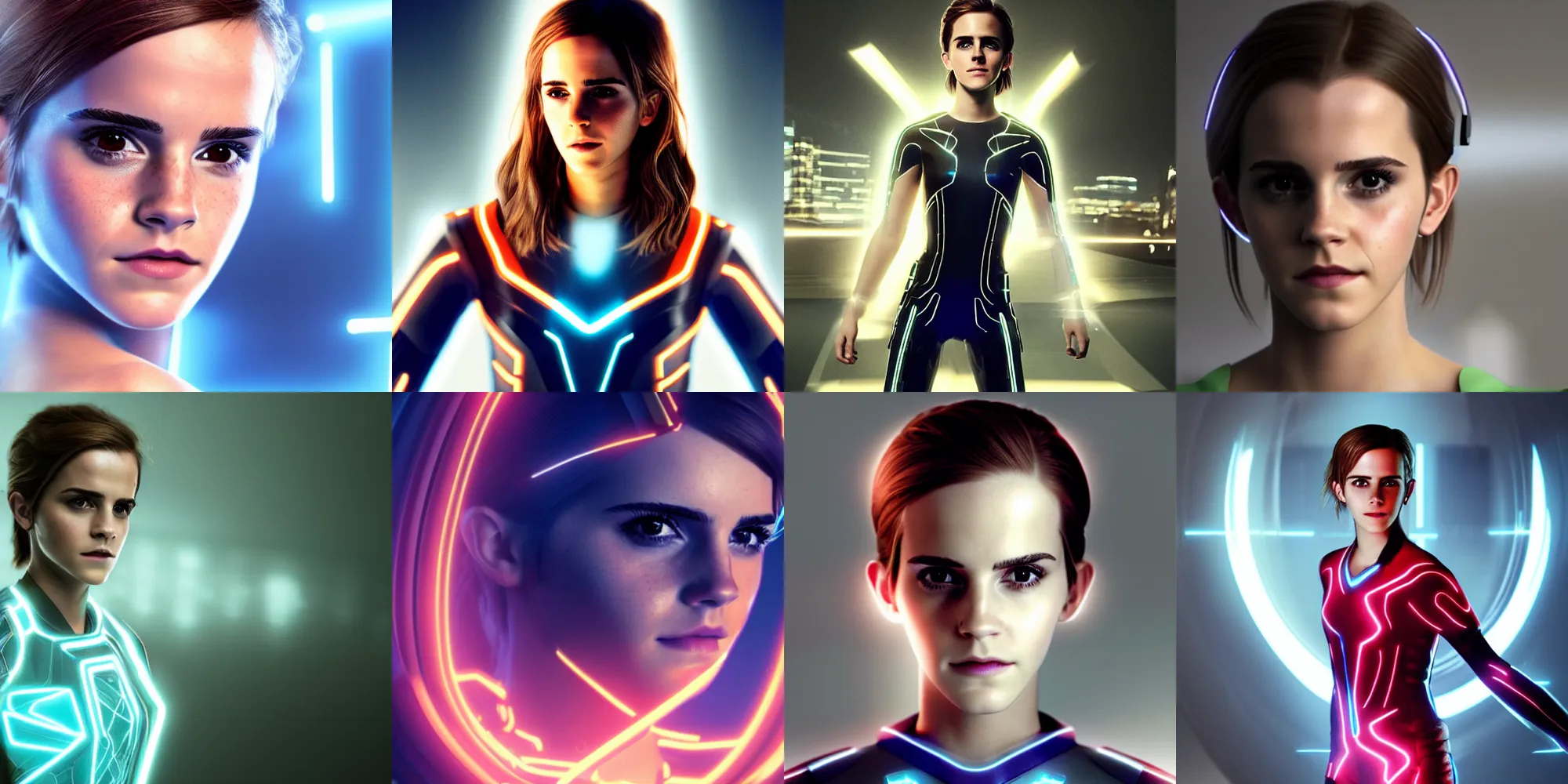 Prompt: beautiful portrait of emma watson in a tron legacy costume, octane render, cinematic, soft light, octane render, by xiaoguang sun and tian zi