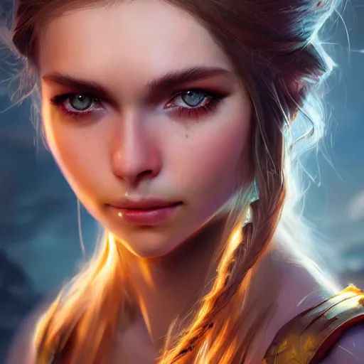 Image similar to beautiful fantasy girl protrait, epic, epic lighting, character portrait, james gurney, character concept style trending on artstation, detailed face, concept art, detailed, octane render cinematic, photo-realistic, 8k, high detailed