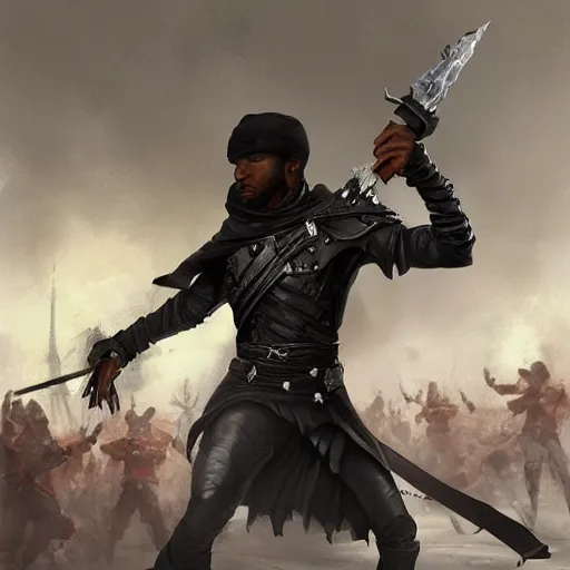 Image similar to a black male rogue fighting with guards in a fantasy paris 1700, symmetric face, hyperrealism, epic fantasy digital art, fantasy style art, by Greg Rutkowski, fantasy magic the gathering card art style