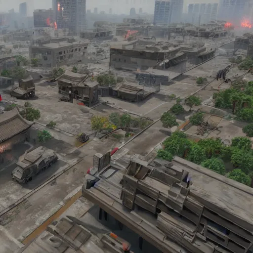 Prompt: painting of a war zone in beijing, china, world war 3, modern city, unreal engine 5,