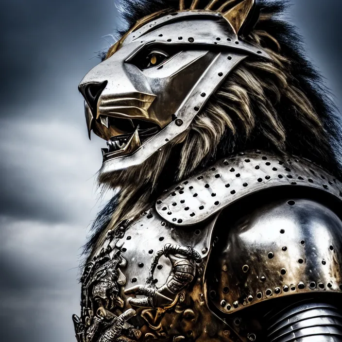 Prompt: photo of a warrior with metal lion themed armour, highly detailed, 4 k, hdr, smooth, sharp focus, high resolution, award - winning photo