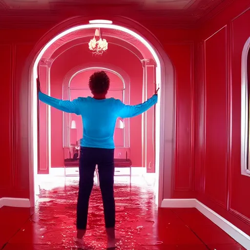 Prompt: music makes a young man suffer in a red room with water on the ceiling HD 8K