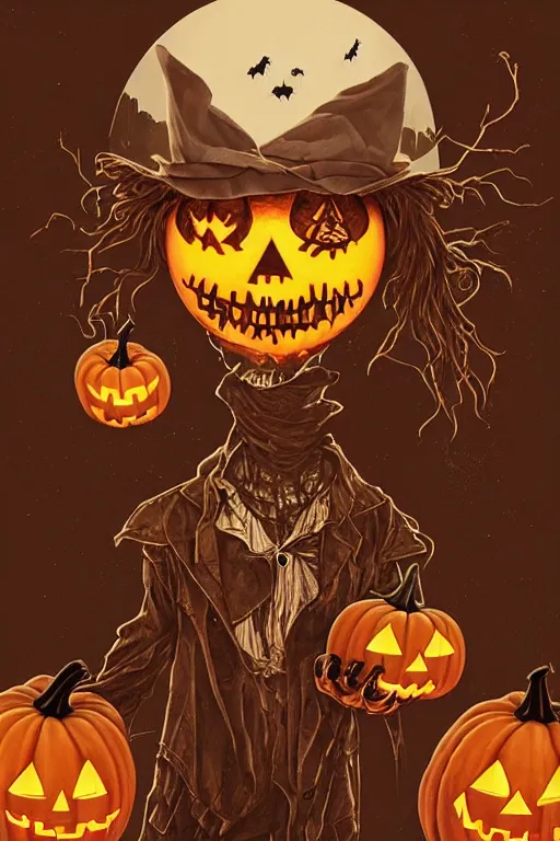 Image similar to a scarecrow with jack - o - lantern head, full body, big two toned eyes, halloween, horror, intricate details, cinematic, epic, realistic, anatomy, tomer hanuka, uplight, artstation, photorealistic, scary