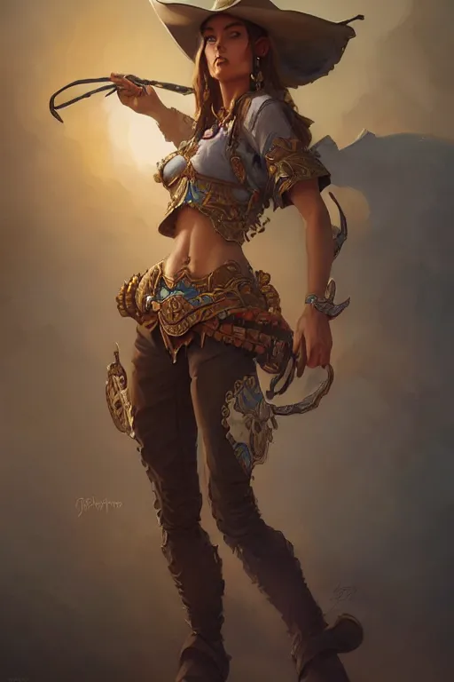 Image similar to beautiful female cowgirl, full body shot, d & d, fantasy, intricate, elegant, highly detailed, digital painting, artstation, concept art, matte, sharp focus, illustration, hearthstone, art by artgerm and greg rutkowski and alphonse mucha