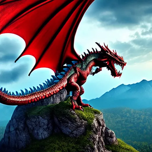 Image similar to giant dragon standing on a mountain, highly detailed, 4 k, hdr, award - winning, directed by zack snyder