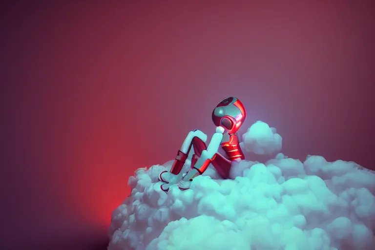 Image similar to a cute robot girl sitting on a cloud relaxing, red lighting, mist, blender render,