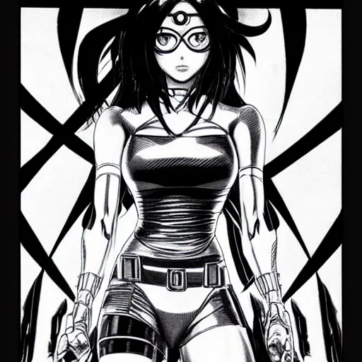 Image similar to alita by yukito kishiro. medium shot. black and white manga. pencil drawing.