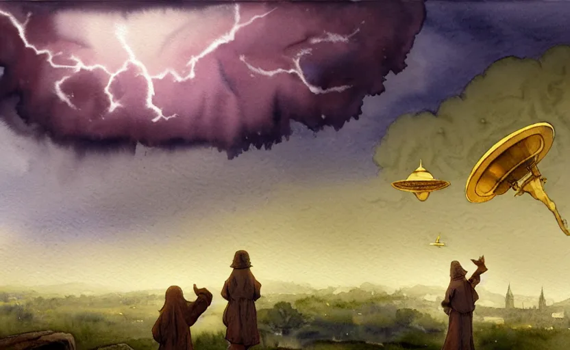 Image similar to a hyperrealist watercolor concept art of an elegant alien and a golden ufo in the sky above a small medieval town during a thunderstorm. a dirty medieval peasant child is in the foreground pointg up at the sky. very muted colors, by rebecca guay, michael kaluta, charles vess. high detail, hq, wide shot, 4 k