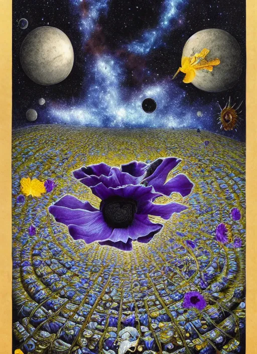 Image similar to detailed, intricate blue black and purple papaverum flower on the field, nebula, galaxy in the sky, winning award masterpiece, fantastically beautiful, illustration, aestheticly inspired, jacek yerka, upscale with anguissola sofonisba work, artstation, 8 k