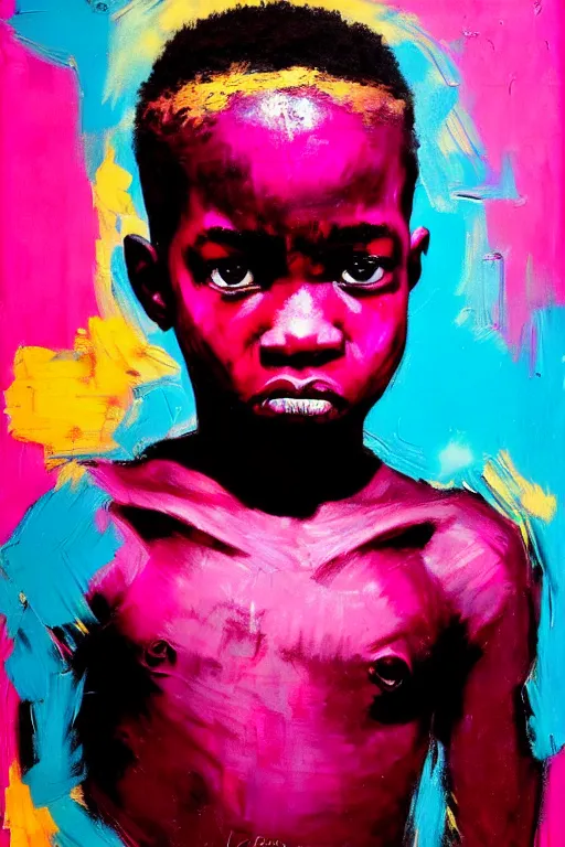 Image similar to portrait of a african young angry boy painted in acrylic, pigment, in the colors hot pink and cyan, beautiful realistic face, rule of thirds, spotlight, by greg rutkowski, by jeremy mann, by francoise nielly, by van gogh, by ross tran, in focus