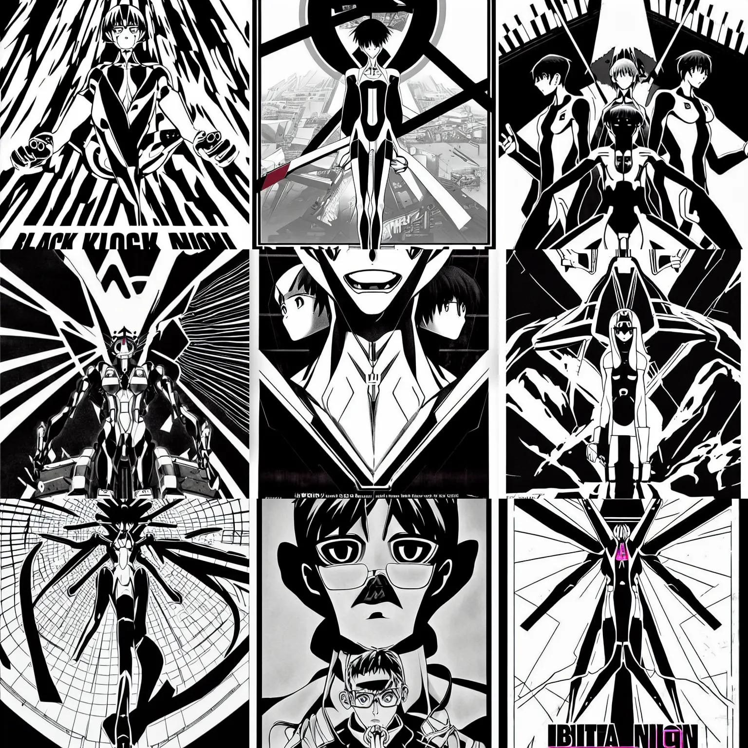 Prompt: black and white propaganda poster of neon genesis evangelion, ultra symmetry, highly detailed