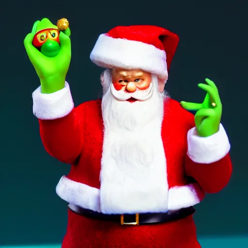 Image similar to santa claus holding a miniature figutine of grinch 8 k