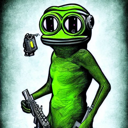 Prompt: pepe frog with cyberpunk arms, digital art, highly detailed, award winning, concept art