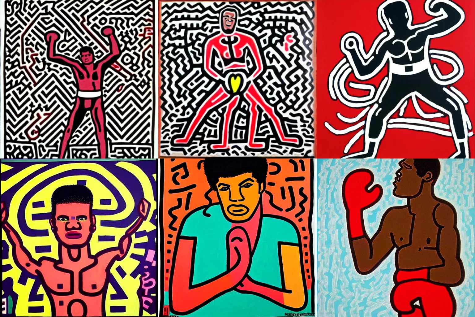 Prompt: Muhammad Ali painted by Keith Haring