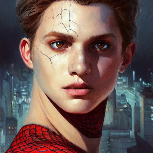 Image similar to Beautiful portrait of spiderman, wide angle, intricate, wild, highly detailed, digital painting, artstation, concept art, smooth, sharp focus, illustration, art by artgerm and greg rutkowski and alphonse mucha - W 768