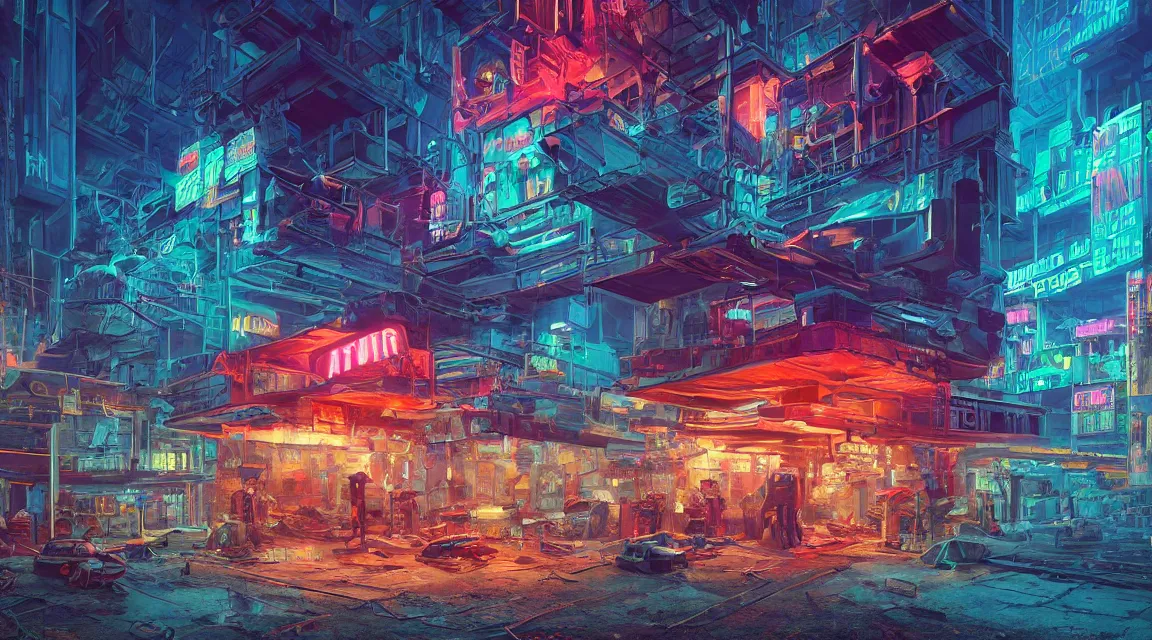 Prompt: post apocalyptic building, cyberpunk neon retro, by Vladimir Manyukhin, by Simon Stålenhag, by Guido Borelli, deviantart, trending on artstation, Photorealistic, vivid colors, polychromatic, glowing neon, geometric, concept art digital illustration, polished, beautiful, HDR Unreal Engine 64 megapixels IMAX Terragen 4.0, 8k resolution concept art filmic complex utopian mysterious moody futuristic