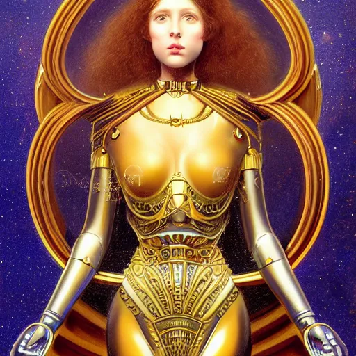 Image similar to ultradetailed ornate pre-raphaelite RPG illustration of beautiful symmetric robot radiating glowing aura, fully clothed with an art deco costume, digital airbrush painting, 3d rim light, hyperrealistic masterpiece, artstation, cgsociety, golden ratio