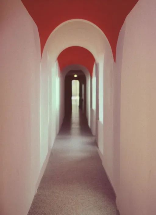 Prompt: a photograph of a minimal hallway with rounded arches lit with soft colorful lighting, 3 5 mm, color film camera, pentax