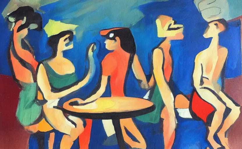 Image similar to oil painting in the style of john craxton sailors. seated figure hands on table. similar aesthetics to ivon hitchins.. drawing on painting, brush marks