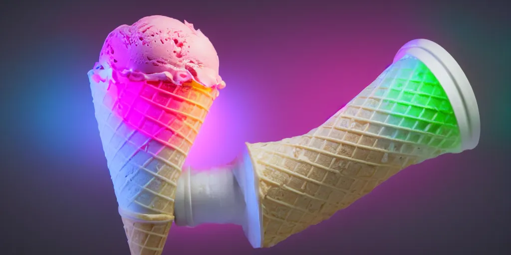 Prompt: ice cream cone with 3 scoops of ice cream and rgb lights embedded in the cone, cyberpunk, high quality, ue 5.