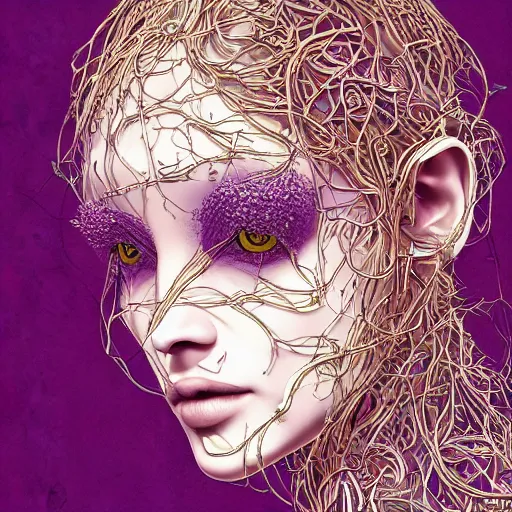 Image similar to the head of an unbelievably elegant and ridiculously beautiful woman partially made of potatoes and violets, an ultrafine detailed illustration by james jean, final fantasy, intricate linework, bright colors, behance contest winner, vanitas, angular, altermodern, unreal engine 5 highly rendered, global illumination, radiant light, detailed and intricate environment