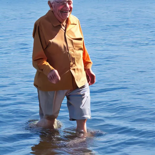 Image similar to a smiling old man walking on water