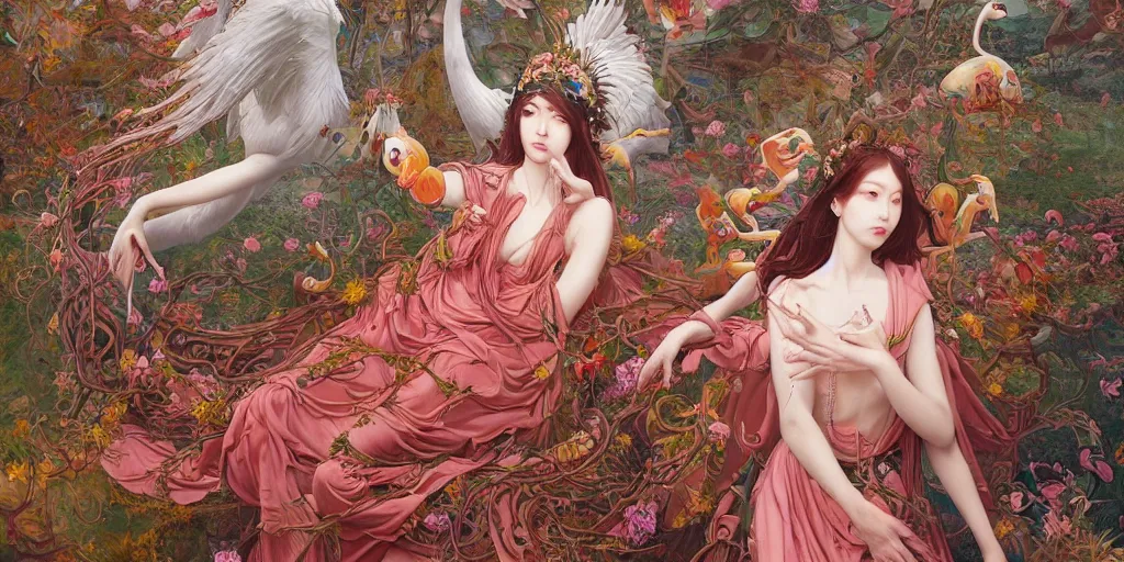 Image similar to breathtaking detailed weird concept art painting of the goddess of flamingo, orthodox saint, with anxious, piercing eyes, ornate background, epic composition, amalgamation of leaves and flowers, by Hsiao-Ron Cheng and John James Audubon and Miho Hirano, extremely moody lighting, 8K