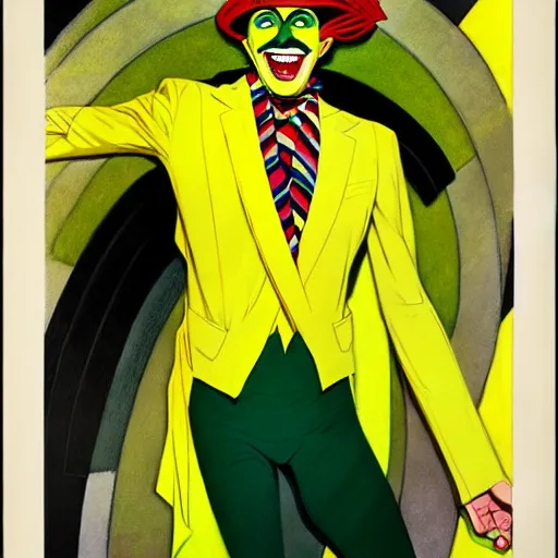 Image similar to art by joshua middleton, the yellow creeper, a tall manically smiling yellow - skinned man with green and black striped cycling shorts and wearing a long red feather boa, yellow makeup, mucha, kandinsky, poster, comic art, stylised design