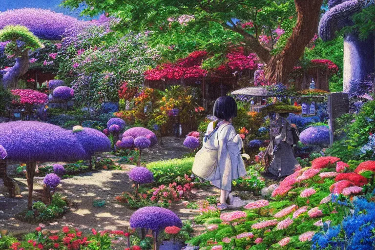 Image similar to oil painting, super - detailed scene spirited away, cyberpunk garden, agbogbloshie, indigo blooming flowers garden, japanese sci - fi books art, artwork by jean giraud, hd, 4 k, high quality