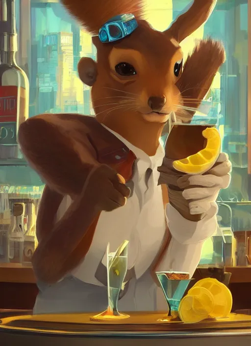 Prompt: squirrel anthro as a dapper bartender with a big, fluffy tail, retro futurism, art deco, detailed, painterly digital art by WLOP and Cory Loftis and Mark Arian, 🐿🍸🍋, furaffinity, trending on artstation