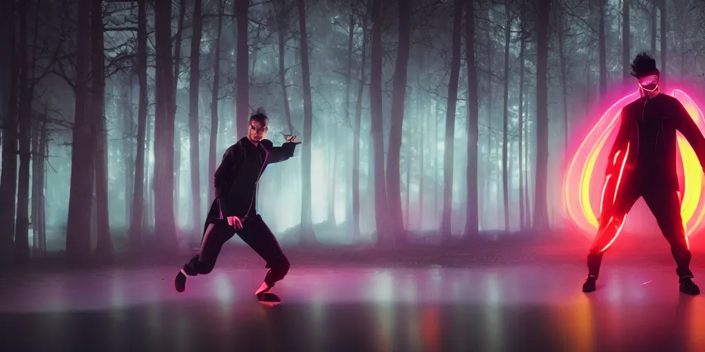 Image similar to slow motion film still of futuristic break dancer wearing dark suit with neon lights, long exposure shot , at night in the middle of a rainy forest, rim lights, glossy reflections, octane render, detailed and soft