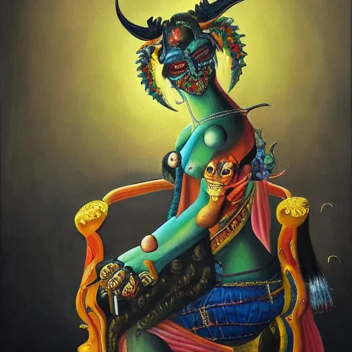 Prompt: a painting of a demon sitting on top of a chair, a detailed painting by ram chandra shukla, pixiv contest winner, bengal school of art, detailed painting, maximalist, art on instagram