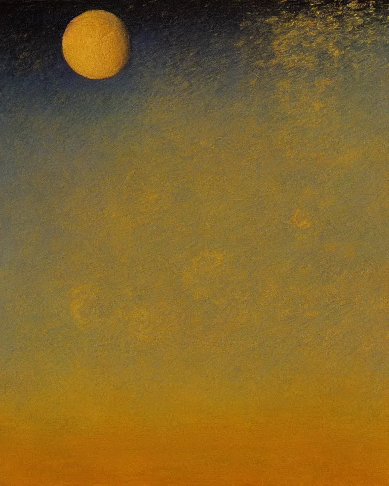 Prompt: achingly beautiful painting of the moon on a gold background by rene magritte, monet, and turner.