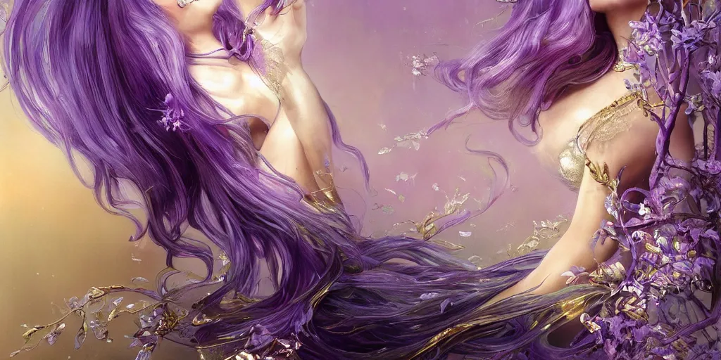 Image similar to wide angle, opalescent purple panther, metallic silver and ice color reflected crystal hair, leaping from babaob tree, fantasy, intricate, very beautiful, elegant, golden light, highly detailed, digital painting, artstation, concept art, smooth, sharp focus, unreal engine, art by wlop and tian zi and alphonse mucha