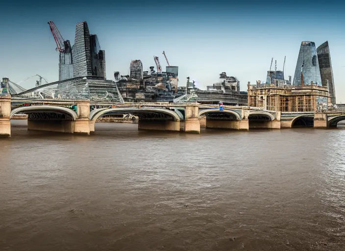 Prompt: A professional photograph of the London Bridge with the river Thames completely dried up, cyberpunk, futuristic, highly detailed, 4K, extreme detail, HDR