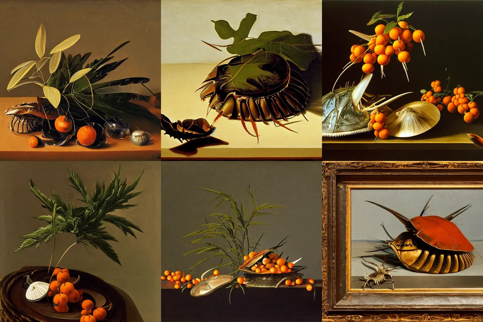 Prompt: hyperrealistic still life painting of a horseshoe crab and sea buckthorn plants by Caravaggio, chiaroscuro