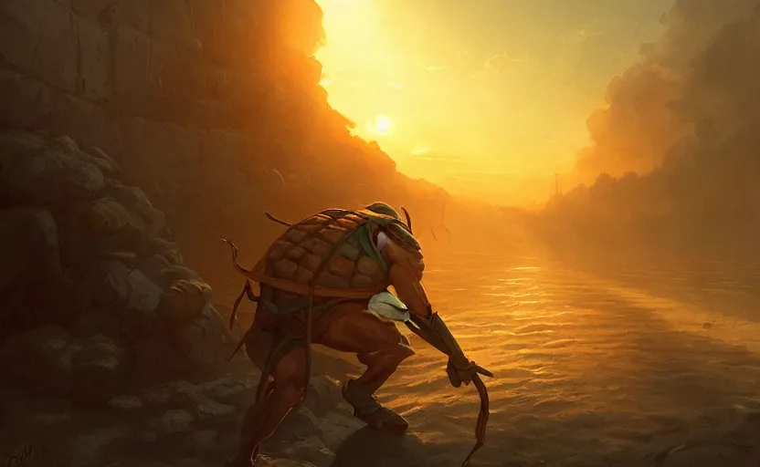 Prompt: painting of ninja turtle at sunset, natural light, concept art, by greg rutkowski, cozy atmospheric and cinematic lighting