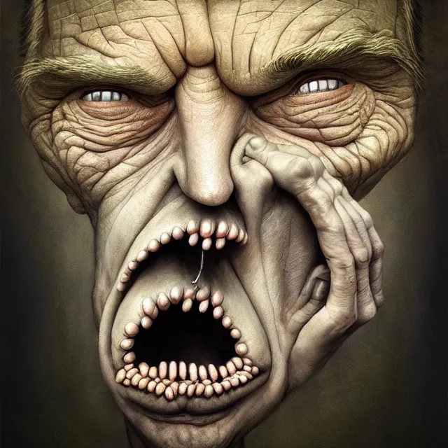 Image similar to gediminas pranckevicius | close up portrait of a the trump in the sinister valley of despair, one mouth, one nose, two eyes, oil painting by tomasz jedruszek, cinematic lighting, pen and ink, intricate line, hd, 4 k, million of likes, trending on artstation