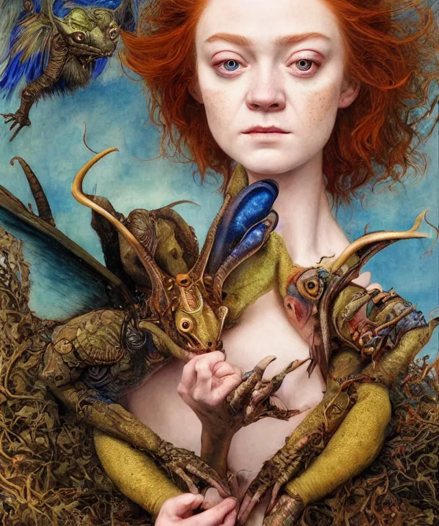 Image similar to a portrait photograph of a meditating fierce sadie sink as a colorful harpy antilope super villian with amphibian blue skin. her body is transformed into an alien beast. by donato giancola, hans holbein, walton ford, gaston bussiere, peter mohrbacher and brian froud. 8 k, cgsociety, fashion editorial