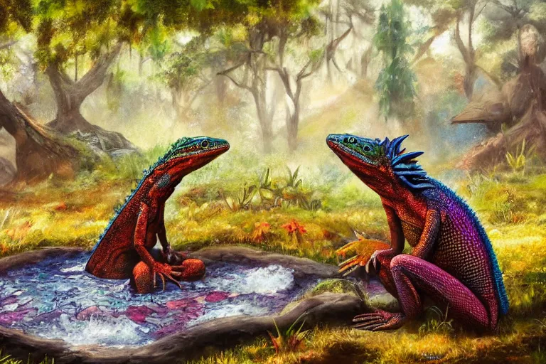 Prompt: highly detailed oil painting of a lizard man sitting in a steaming colorful hotspring with woodland forest backdrop, featured on artstation